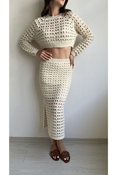 Julishop Tricot ajurat de culoare crem - Set de tricotaje de sezon și fuste c...