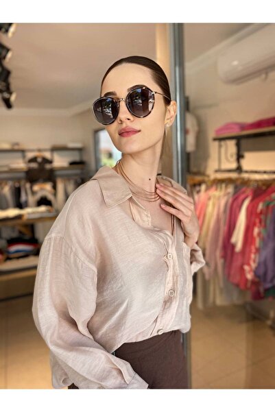 HANDE ÇOLPAN Bej Tensel Kumaş Oversize Gömlek
