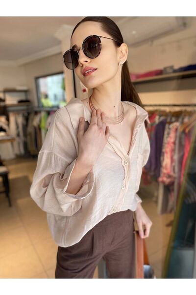 HANDE ÇOLPAN Cămașă oversize din țesătură Tensel bej