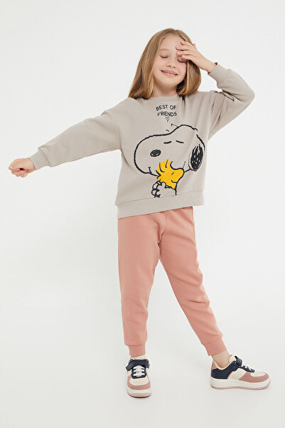 SNOOPY L1538-g Snoopy Baskılı O Yaka Eşofman 9-15 Yaş Kum Rengi