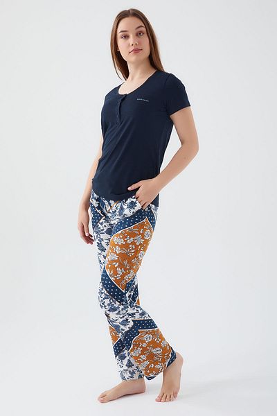 Pierre Cardin Set de pijamale cu mânecă scurtă pentru femei, cu frunze cu flori, albastru bleumarin