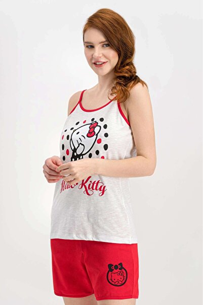 Hello Kitty Lisanslı Krem Ince Askılı Kadın Şort Takım