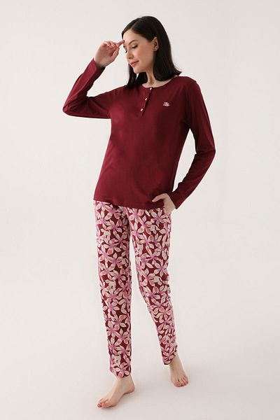 Arnetta Buttoned Claret Red Women's Long Sleeve Pajama Set