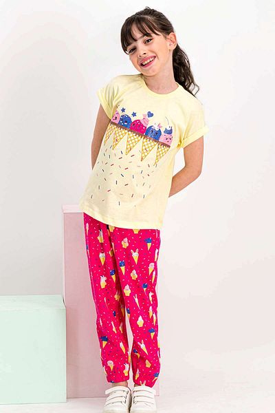 ROLY POLY Rolypoly Printed Girl's Light Yellow Short Sleeve Pajama Set