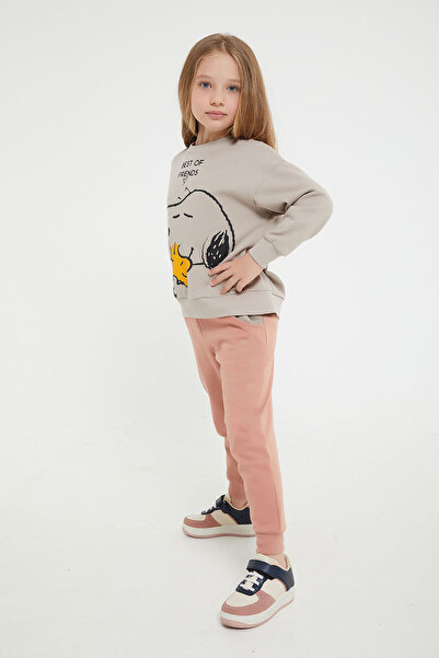 SNOOPY L1538-g Snoopy Baskılı O Yaka Eşofman 9-15 Yaş Kum Rengi