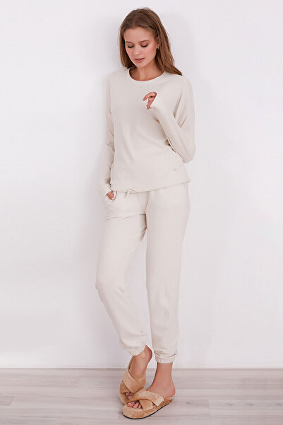 Pierre Cardin Krem Kadın Triko Uzun Kol Pijama Takım