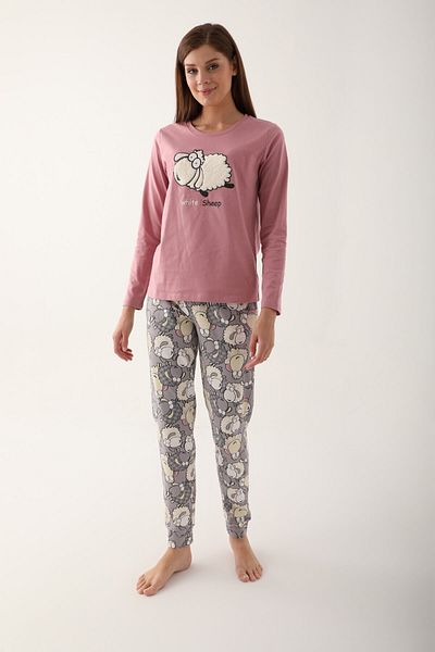 Arnetta White Sheep Pink Women's Long Sleeve Pajama Set