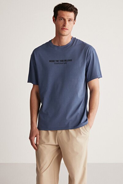 GRIMELANGE Erkek Sırt Baskı Detaylı Oversize %100 Organik Pamuk Örme Kısa Kol Lacivert T-shirt