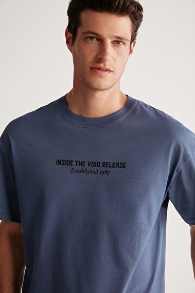 GRIMELANGE Erkek Sırt Baskı Detaylı Oversize %100 Organik Pamuk Örme Kısa Kol Lacivert T-shirt