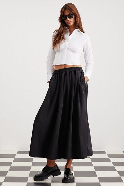 GRIMELANGE Estela Black Long Balloon Women's Skirt - Waterproof, Pocket and Elastic Waist
