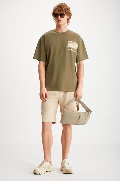 GRIMELANGE CAMILLO Men's Pocket Zippered Elastic Waist Beige Shorts & Bermuda