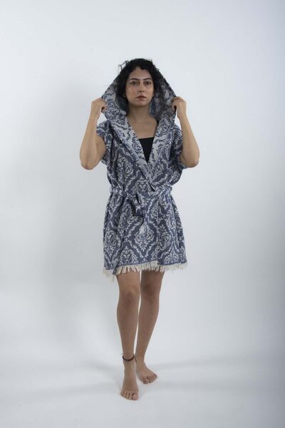 REİNA TEKS Hooded Short Vest Peshtemal Bathrobe Pareo Cotton Beach Ethnic Pat...