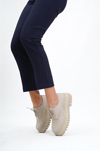 Deripabuc Beige Genuine Leather - Thick Soled Women's Casual Shoes Trc-216774