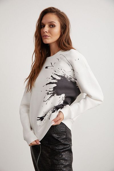 GRIMELANGE Φούτερ Ibbie White Crew Neck Fleece - Soft Piece Printed