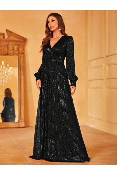 Styling Park Pul Payet V Yaka Uzun Kol Maxi Abiye Elbise