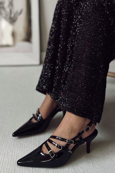 POLKA STORE Obsession Triple Pointed Toe Three-Striped Buckle Black Patent Leather Heeled Women's Shoes