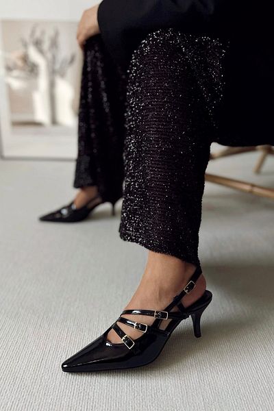 POLKA STORE Obsession Triple Pointed Toe Three-Striped Buckle Black Patent Leather Heeled Women's Shoes