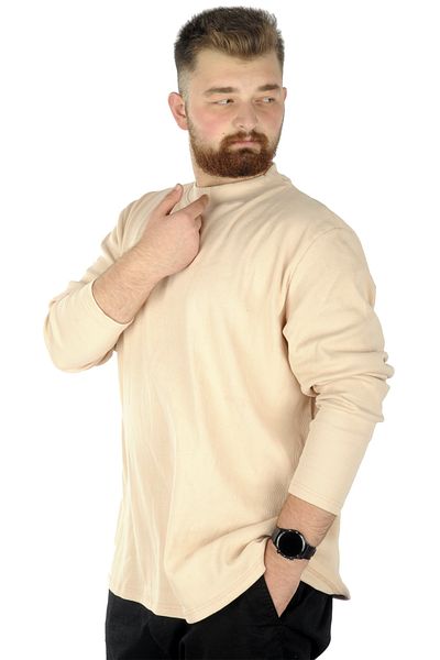 ModeXL Mode Xl Pulover Jumătate Pescar Mânecă Lungă Marime Mare 22558 Bej