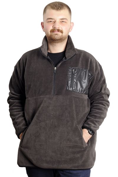 ModeXL Mode XL Plus Size Ανδρικό Φούτερ με μισό φερμουάρ Garnished Fleece 23552 Smoked