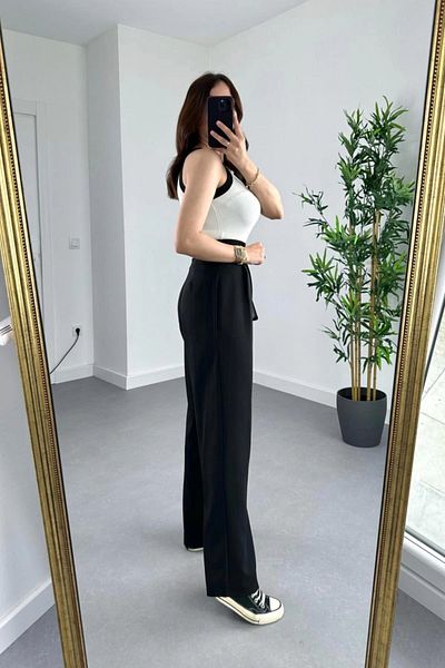 GRİLAND Women's Black High Waist Velcro Pleated Palazzo Pants