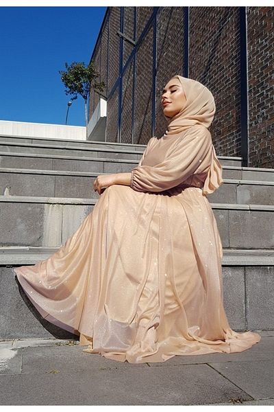 bi cooll Silvery Green Hijab Evening Dress with Waist Belt