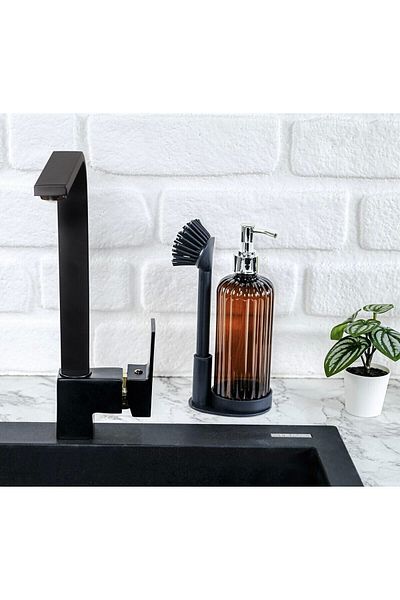 Ecolux Amber Liquid Soap Dispenser Soft Silicone Set with Brush - Dishwashing Detergent - Bleach - Amber Bottle 500 ml