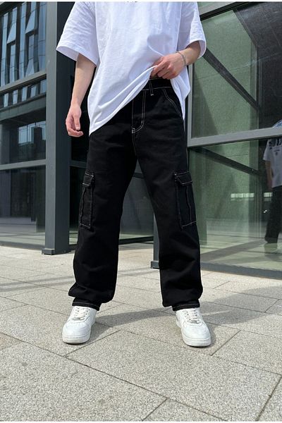 serline Black Reverse Stitch Baggy Cargo Pants