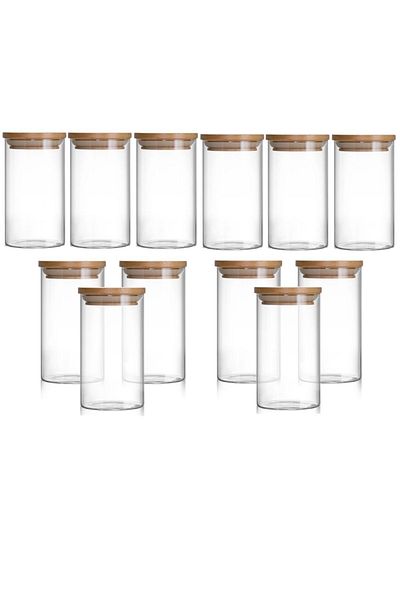 Karçiçeği Home Set of 12 300 Ml Jar Borosilicate Glass Storage Container Bamboo Vacuum Lid Spice Jar Snack Bowl