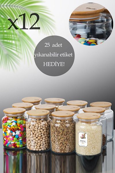 Perotti Dario Midi 12 Pieces Glass Jar Set with Bamboo Lid and Label