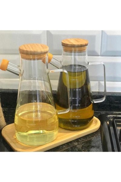 Karçiçeği Home Borosilicate 2-Piece Oil Vinegar Set with Bamboo Stand 900 Ml