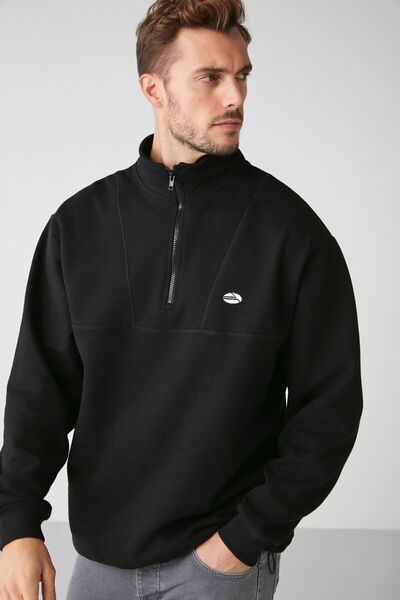 GRIMELANGE Ανδρικό όρθιο γιακά Radiant με μισό φερμουάρ, κεντημένο μαύρο φούτερ