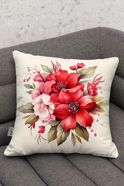 Hayal Dekoratif Cream Background Red Flower and Crescent Patterned Digital Printed Gift 4-Piece Throw Pillow Pillowcase Set