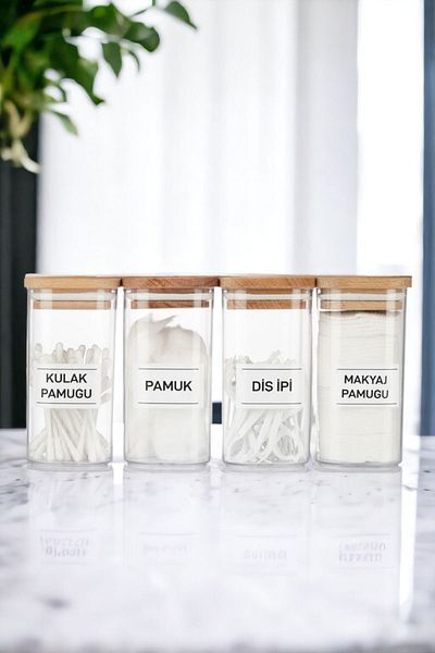 Comprox Σετ μπάνιου 300 ml - Ακρυλικό βαμβάκι και οδοντικό νήμα οργάνωσης με 4 ξύλινα καλύμματα