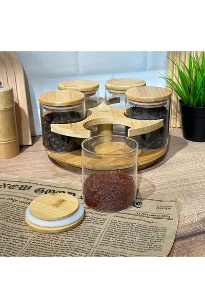Karçiçeği Home Bamboo Spice Rack Set with Rotating Stand 6 Pieces