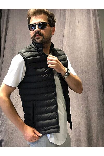 BLACKBIRD Men's Black Puffer Vest Zippered Pocket Stand Collar Padded Sleeveless Vest