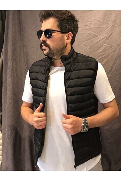 BLACKBIRD Men's Black Puffer Vest Zippered Pocket Stand Collar Padded Sleeveless Vest