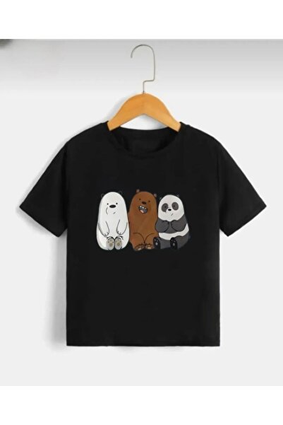 Pelna Children's Trend Model Black T Shirt Cotton Triple Teddy Bear Printed C...