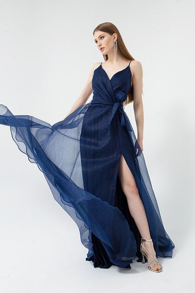 Lafaba Marineblaues, zweireihiges, langes, silbernes Abendkleid mit Halsausschnitt und Gürtel für Damen