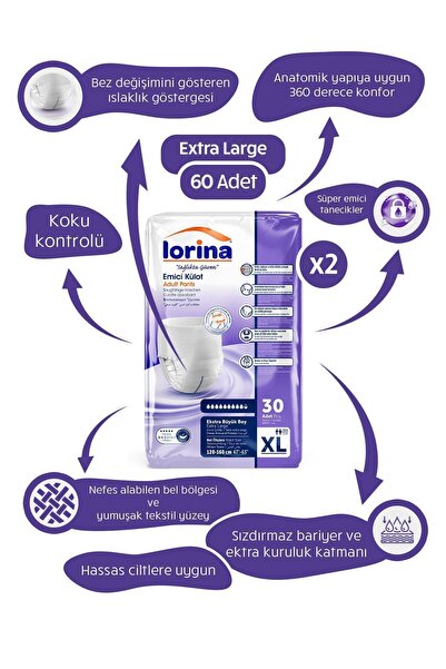 LORİNA Yetişkin Emici Külot Xlarge 30'lu 2 Paket 60 Adet