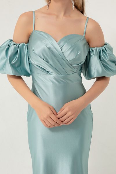 Lafaba Rochie de seară lungă din satin, cu mâneci joase, cu bretele din frânghie, verde mentă
