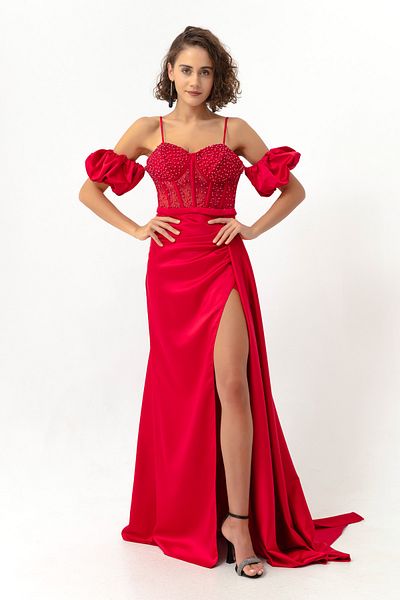 Lafaba Women's Red Underwire Corset Detailed Low Shoulder Long Evening Dress