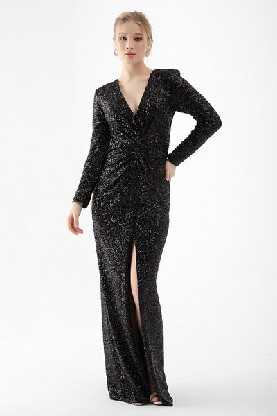 Lafaba Schwarzes langes Abendkleid mit zweireihigem Kragen und Pailletten für Damen