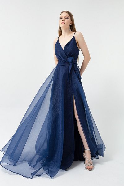 Lafaba Marineblaues, zweireihiges, langes, silbernes Abendkleid mit Halsausschnitt und Gürtel für Damen