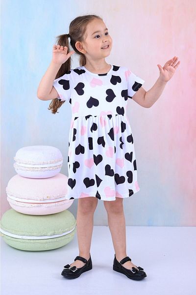BUUFUU Short Sleeve Heart Printed Girl's Dress