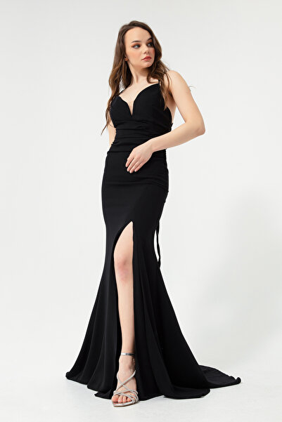 Lafaba Schwarzes trägerloses langes Abendkleid für Damen mit tiefem Schlitz