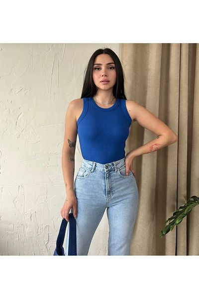 nura Body crop pentru femei, albastru, cu guler halter, elastic