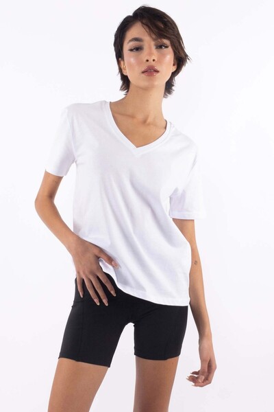 Coredra Tricou alb de damă cu decolteu în V - Basic