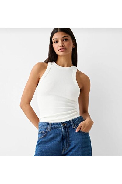 nura Body alb pentru femei cu decolteu cu halter și cu dungi - maiou elastic