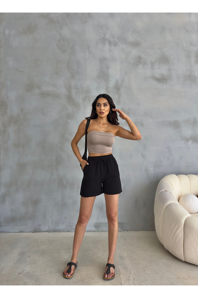 Ozy Fashion Шорти з високою талією, кишенями та воланами з льону, чорні, літні