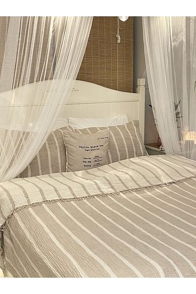 YASEMİNİNEVİ King Size Mink Striped Muslin Bedspread / Pike Set with 2 Pillowcases